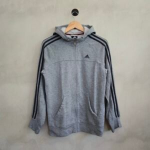 Adidas Men's Full Zip Hoodie - Heather Grey with Black Three-Stripes - Size Small