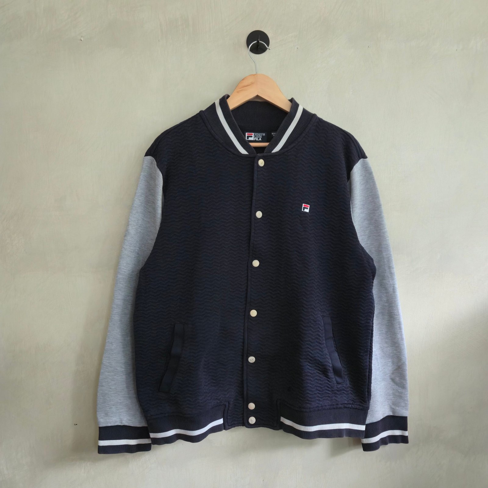 Fila White Line "Val d'Orcia" Varsity Bomber Jacket - Textured Navy & Gray (Size 2XL)