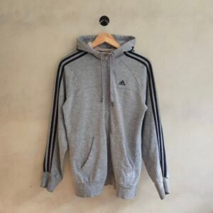 Adidas Performance Essentials 3-Stripe Full Zip Hoodie - Heather Grey - Size S