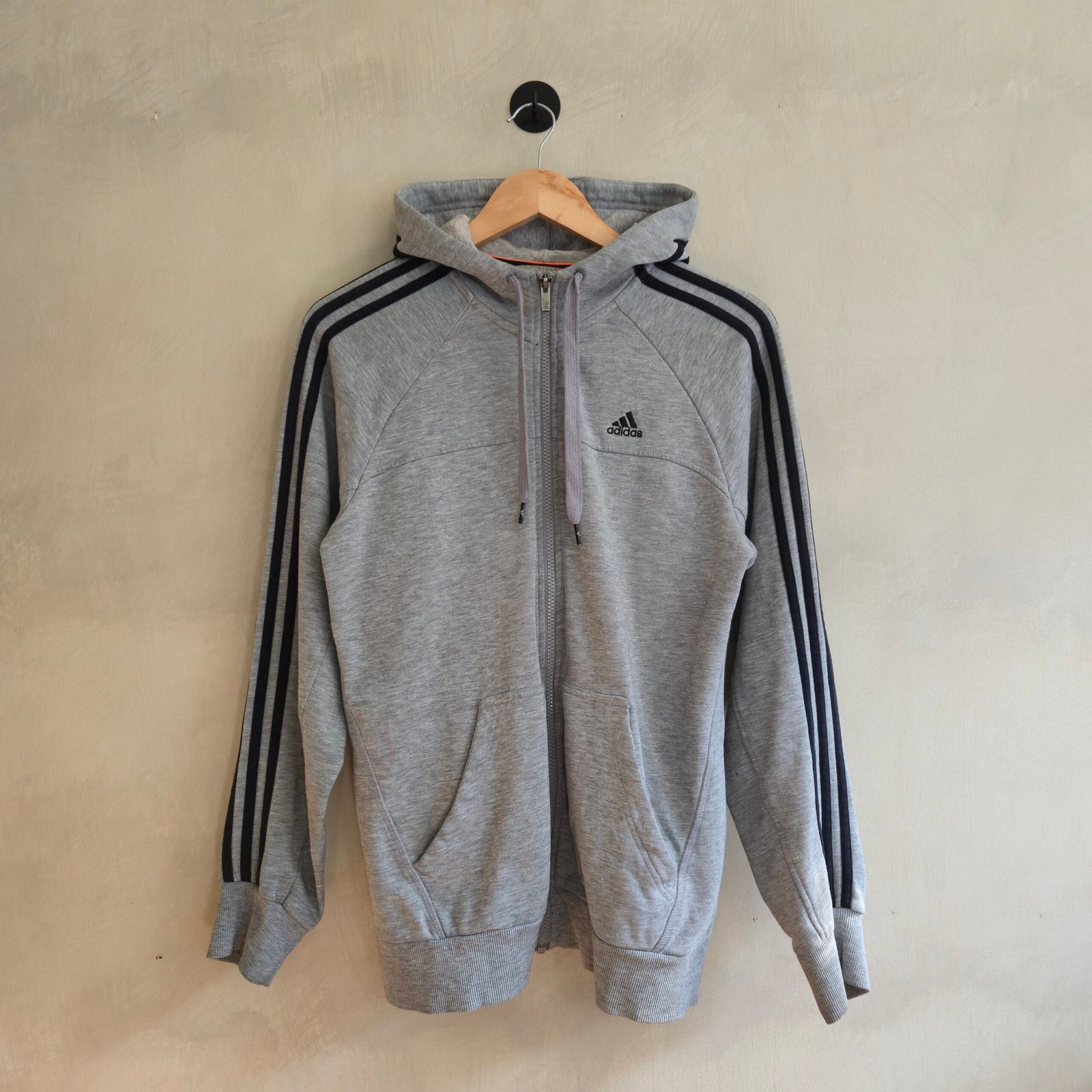 Adidas Performance Essentials 3-Stripe Full Zip Hoodie - Heather Grey - Size S