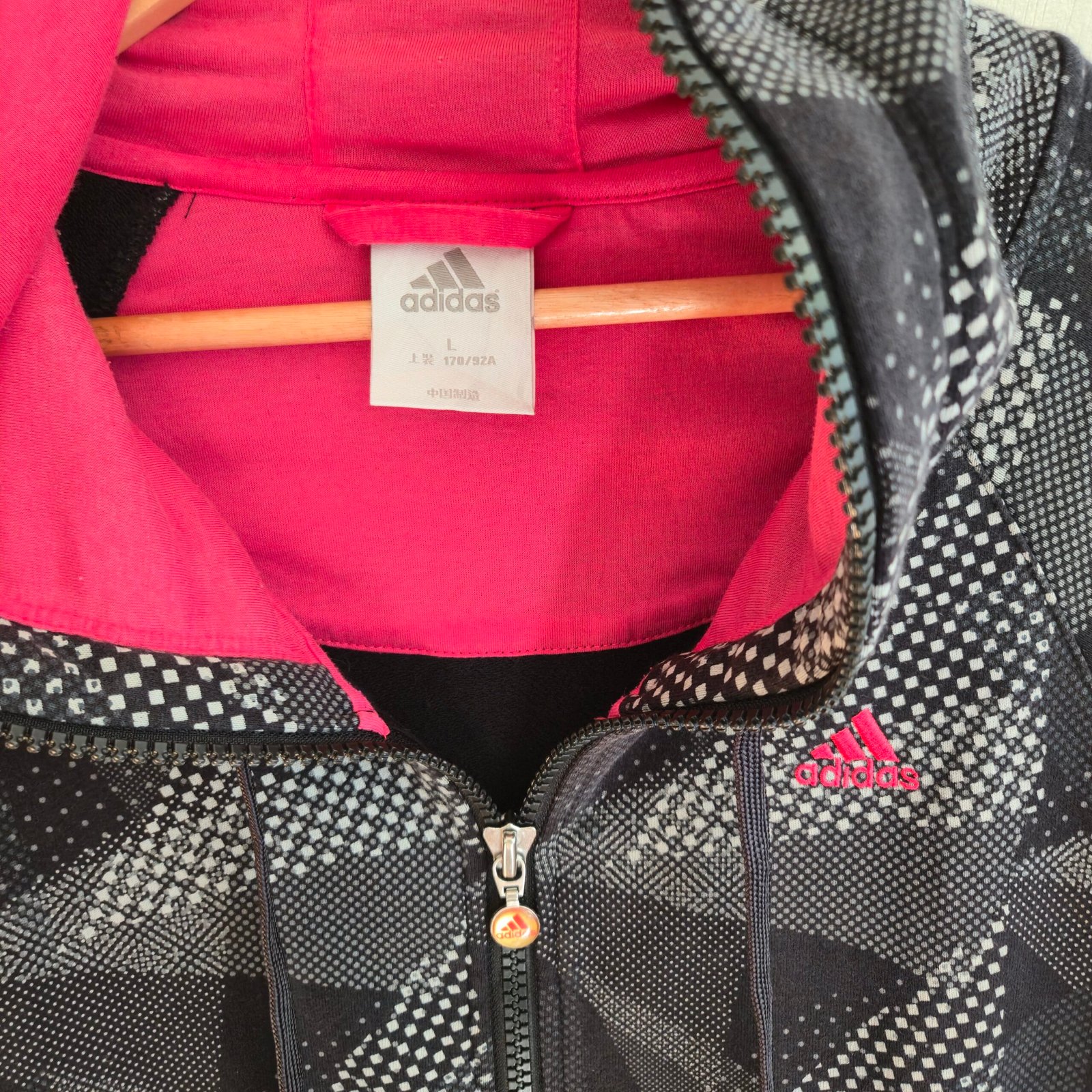 Adidas Women's Geometric Print High-Neck Full Zip Hoodie - Black/Pink - Size L - Image 4
