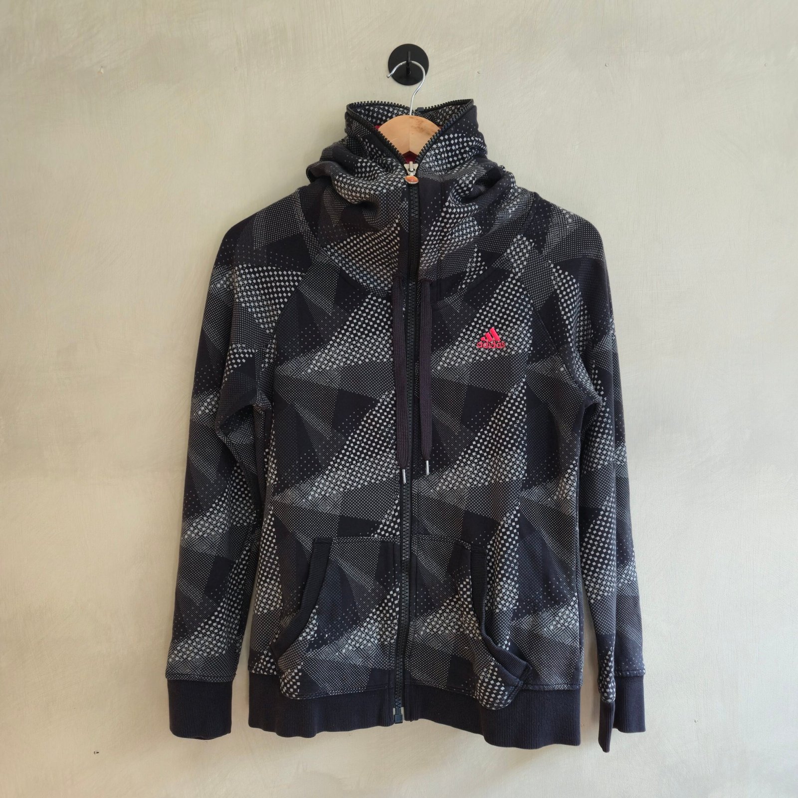 Adidas Women's Geometric Print High-Neck Full Zip Hoodie - Black/Pink - Size L