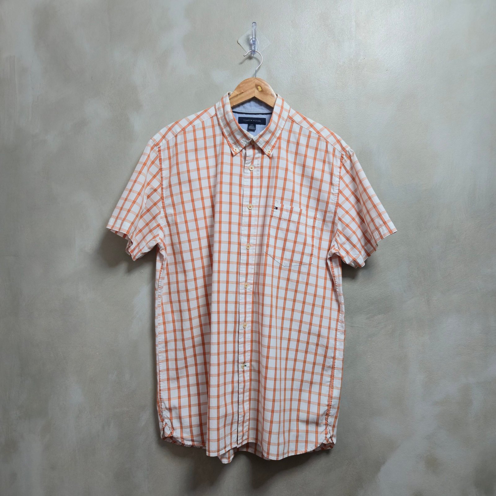 Tommy Hilfiger Men's Short Sleeve Plaid Button-Down Shirt - Orange/White (Size Large)