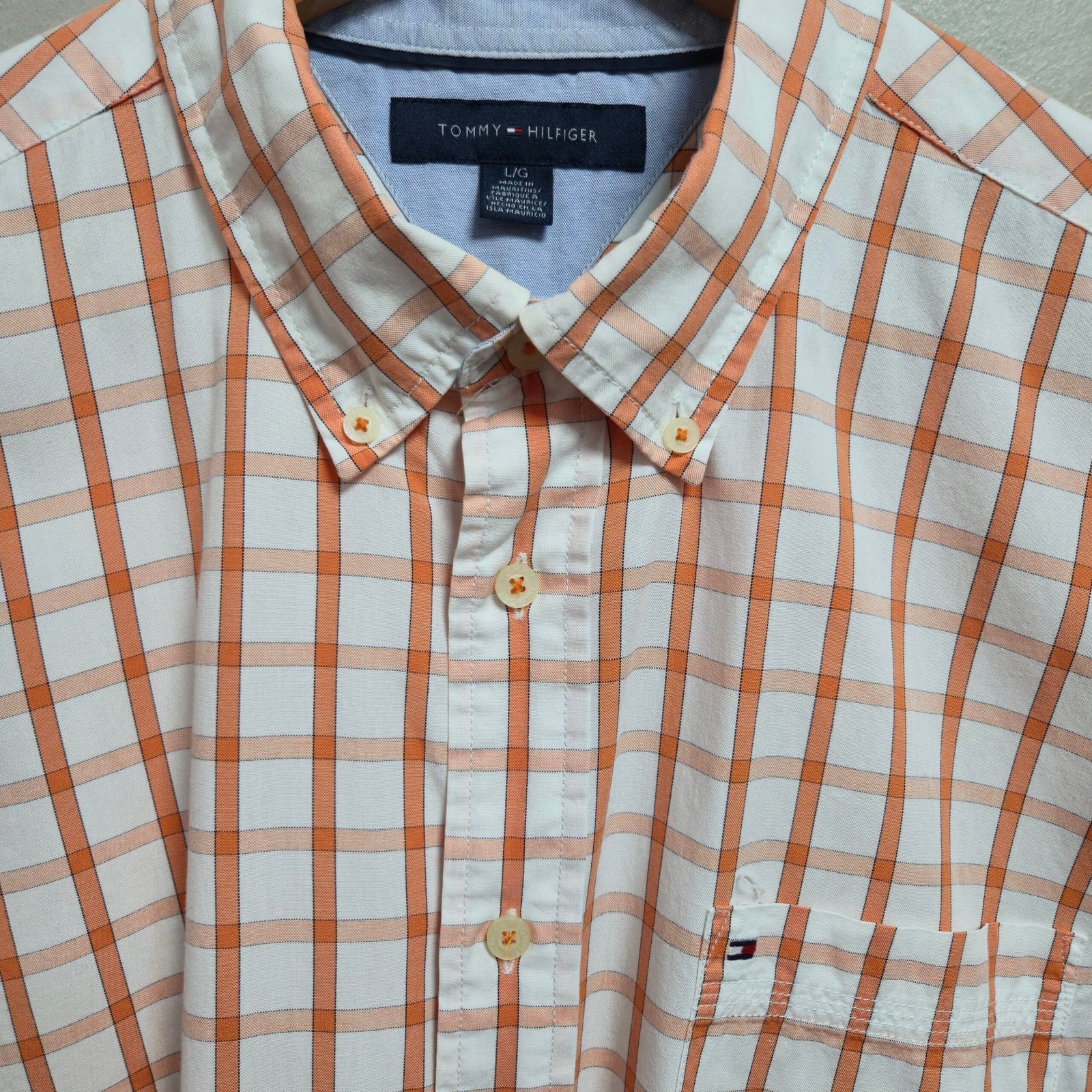 Tommy Hilfiger Men's Short Sleeve Plaid Button-Down Shirt - Orange/White (Size Large) - Image 4