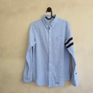 Champion Men's Oxford Long Sleeve Button-Down Shirt - Light Blue with Sleeve Stripes (Size Small)